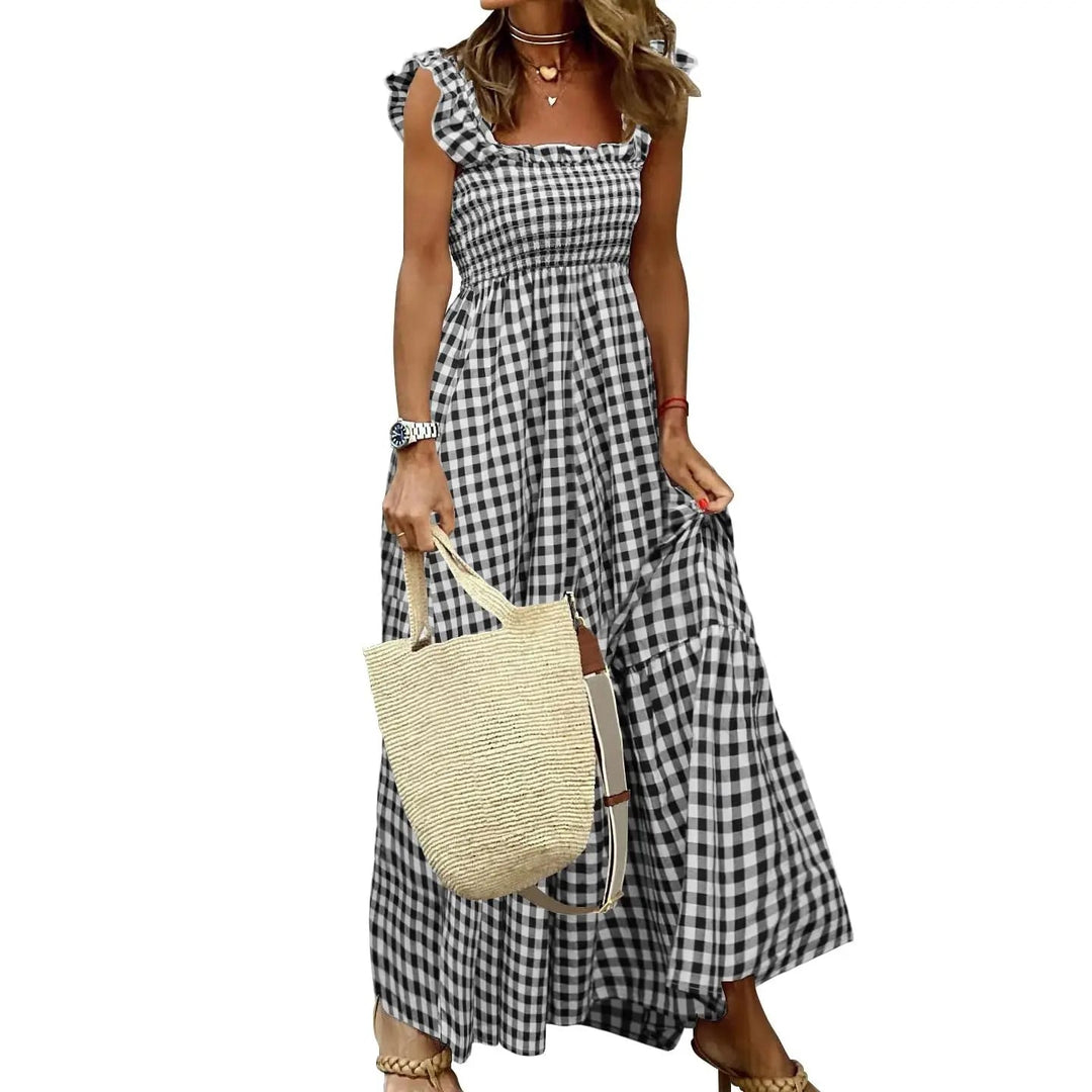 Joyce | Retro Checked Smocked Midi Dress - Black