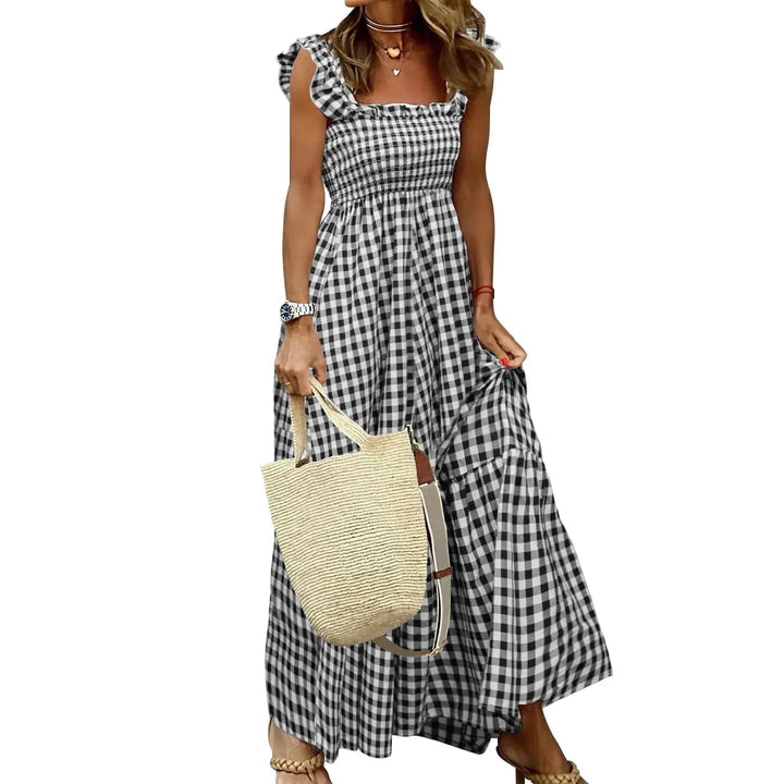 Joyce | Retro Checked Smocked Midi Dress - Black