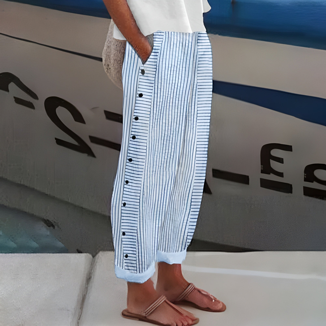 Striped Trousers with Button Detail and Side Pockets