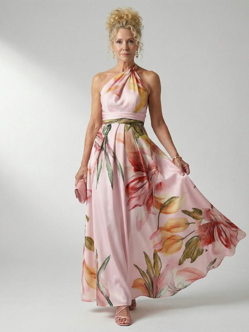 Marjorie | Halter Floral Maxi Dress - Pink