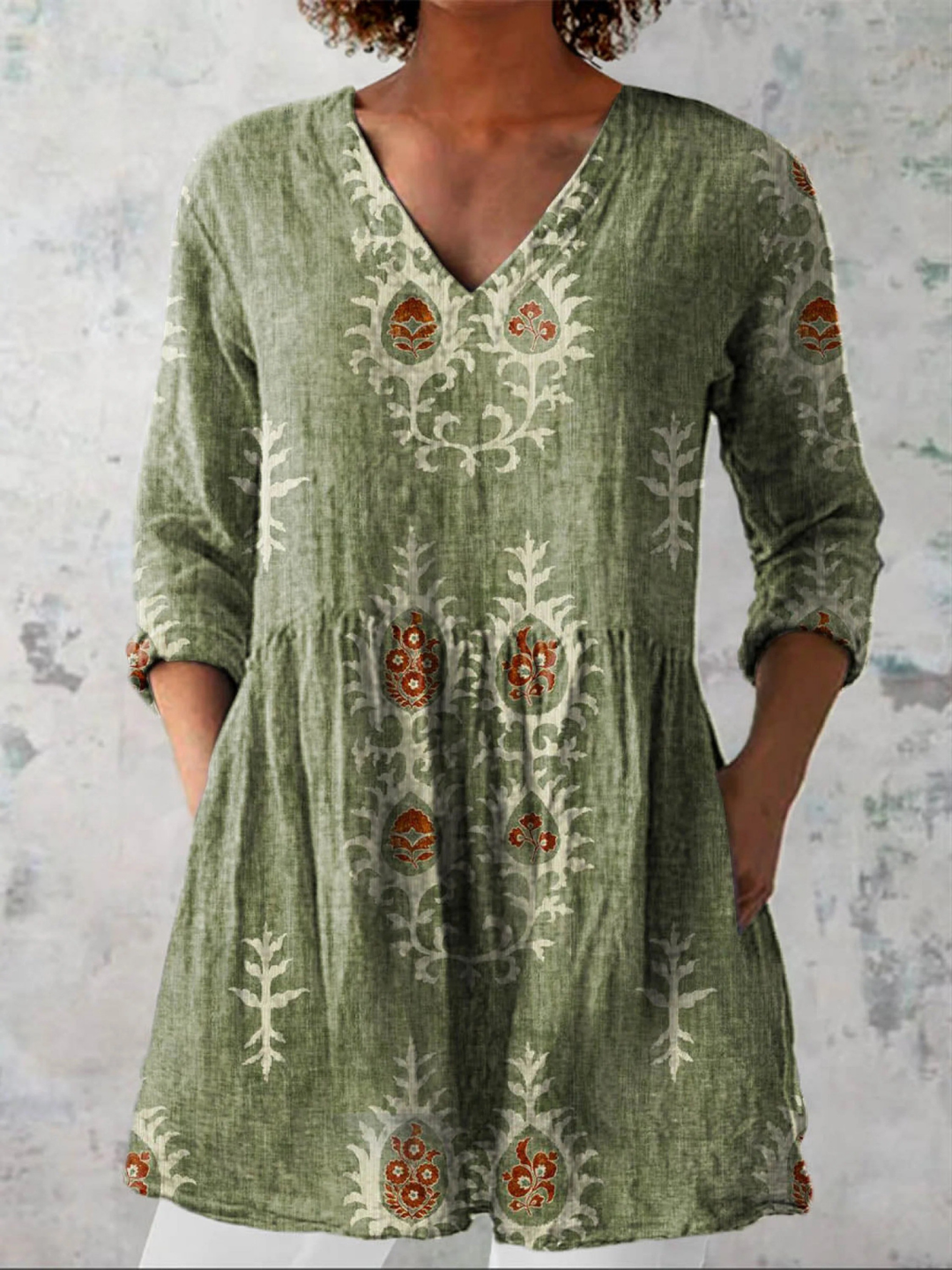 Gladys | Long V-Neck Blouse - Green