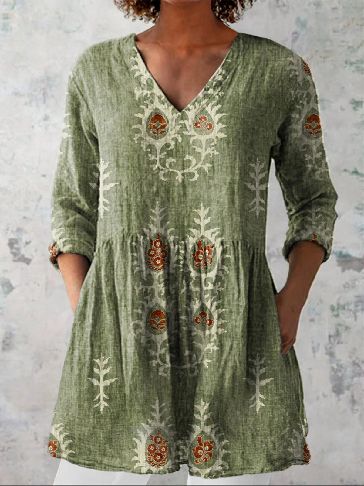 Gladys | Long V-Neck Blouse - Green
