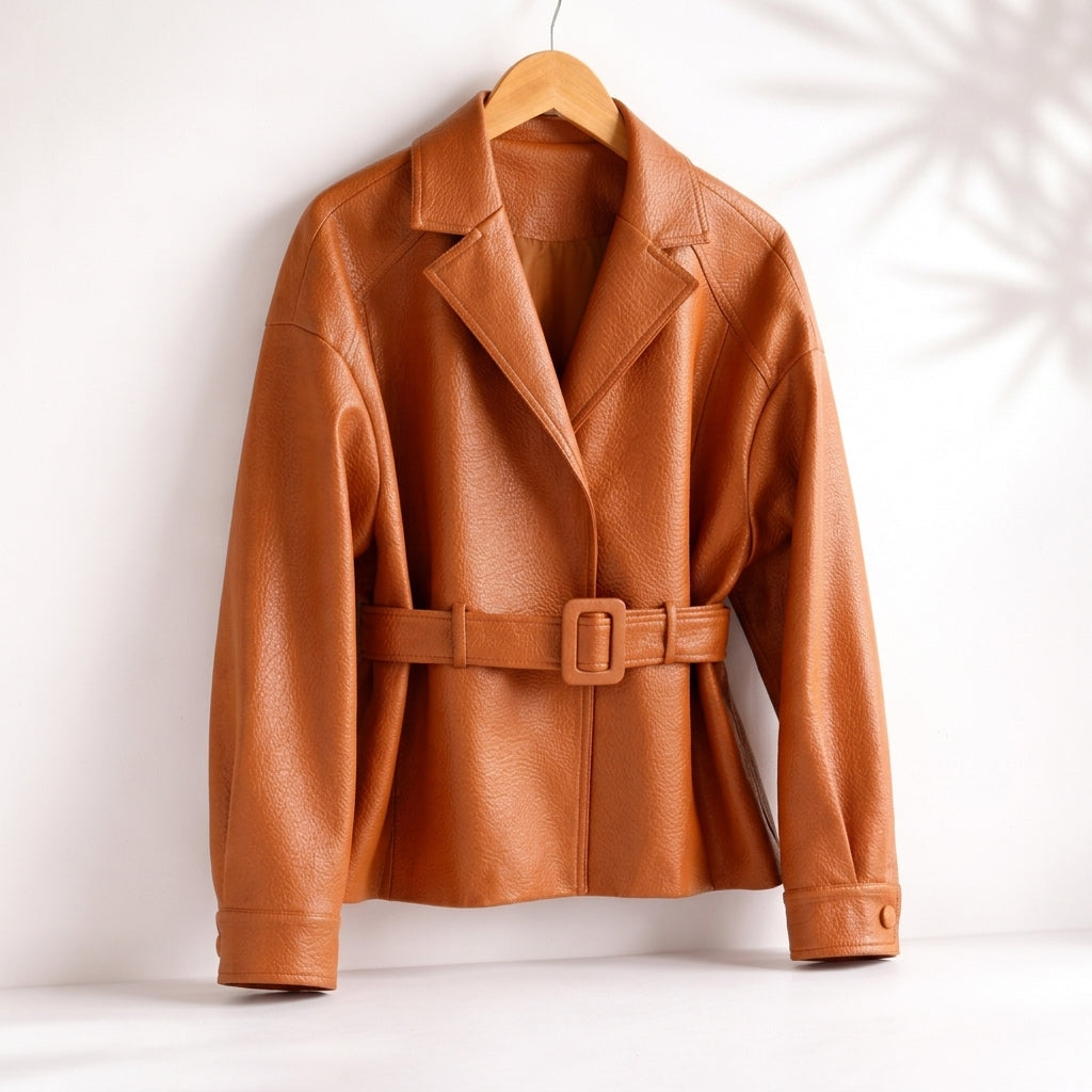 Structured Belted Jacket with Wide Collar and Cuffed Sleeves