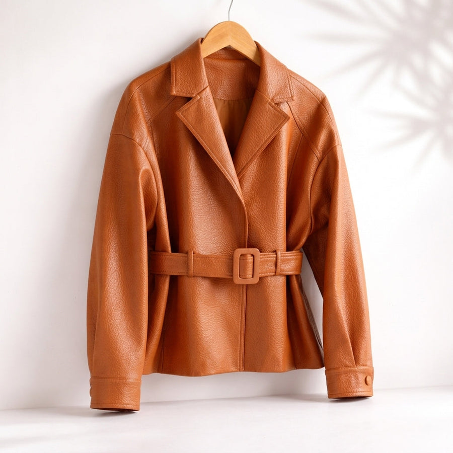 Structured Belted Jacket with Wide Collar and Cuffed Sleeves