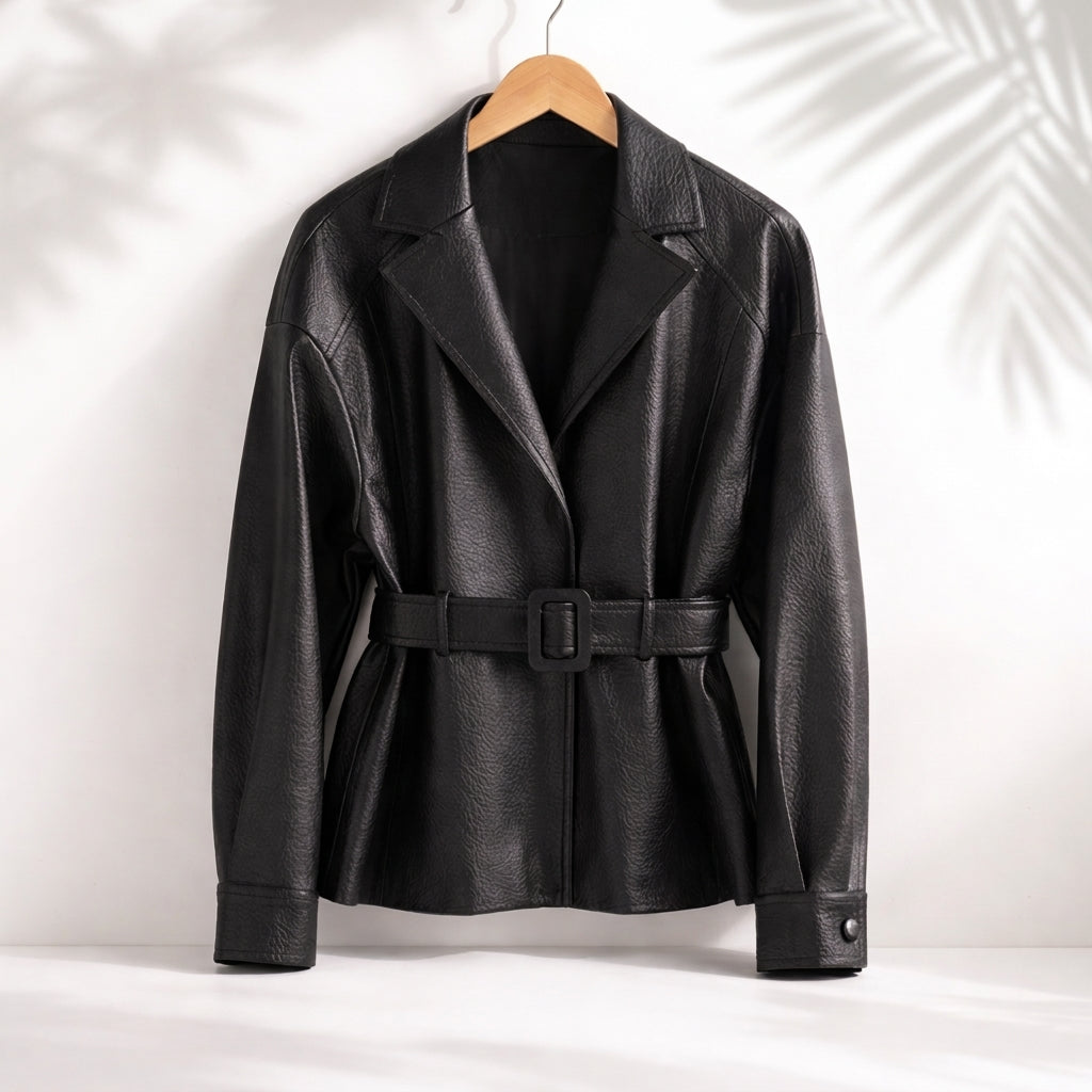 Structured Belted Jacket with Wide Collar and Cuffed Sleeves