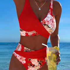 Cecily | Floral Contrast Bikini Set - Red