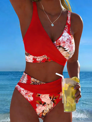 Cecily | Floral Contrast Bikini Set - Red
