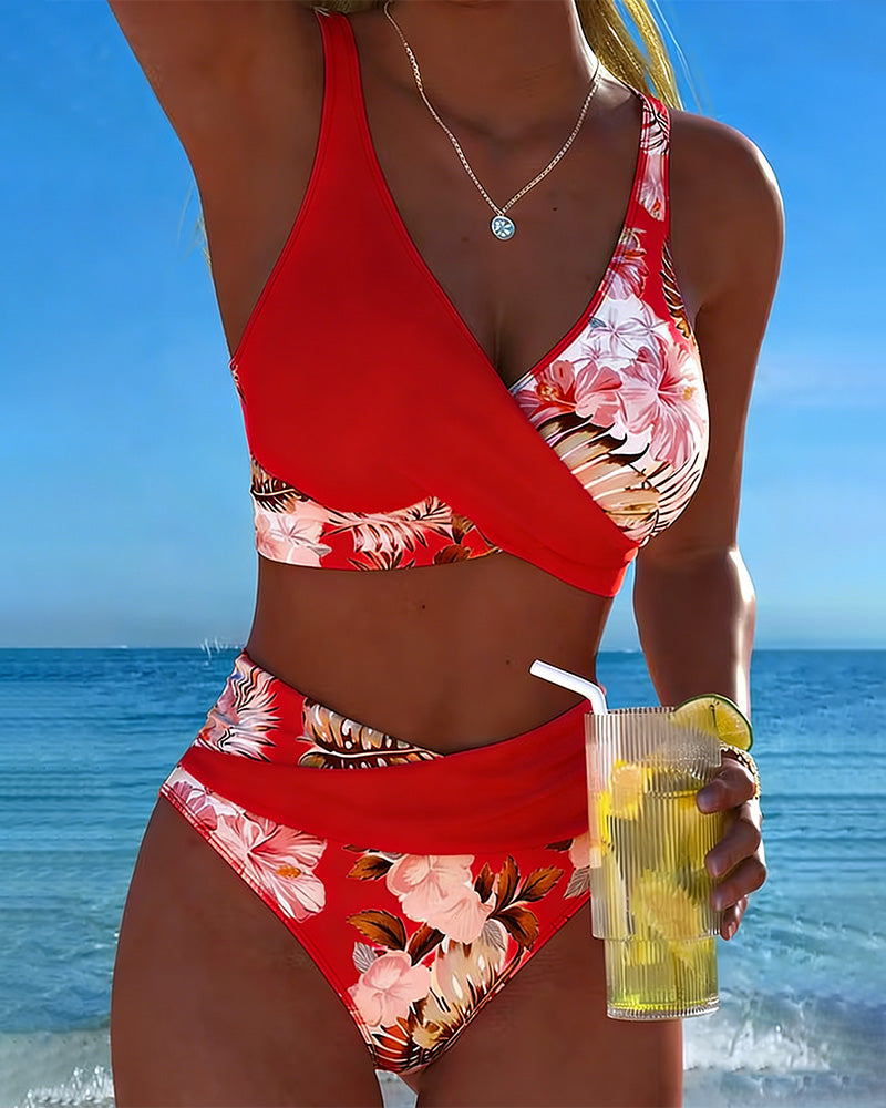 Cecily | Floral Contrast Bikini Set - Red