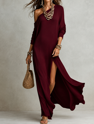 Brenda | One-Shoulder Maxi Dress with Slit - Burgundy