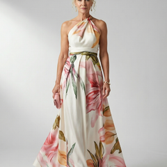 Marjorie | Halter Floral Maxi Dress - White