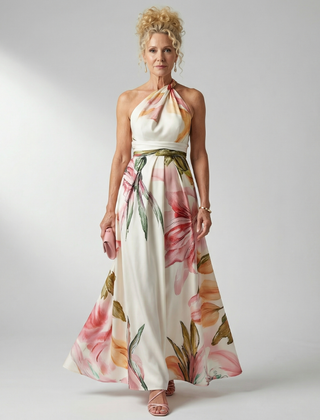 Marjorie | Halter Floral Maxi Dress - White