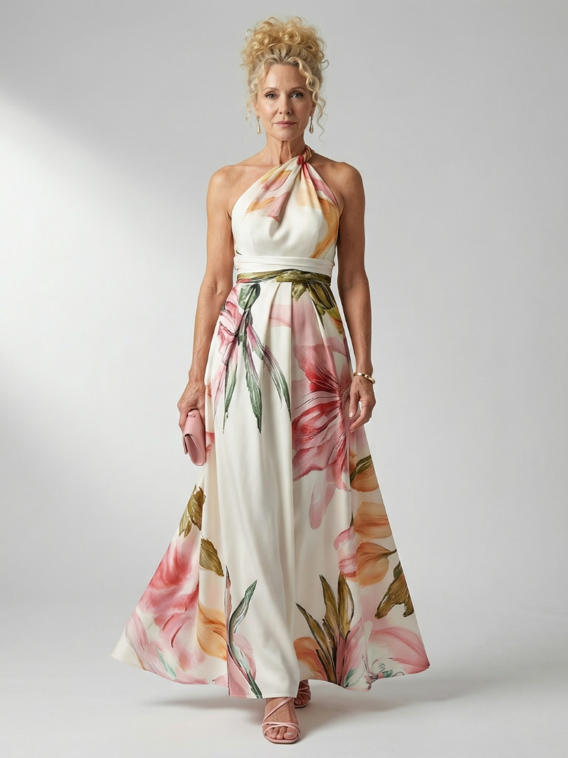Marjorie | Halter Floral Maxi Dress - White