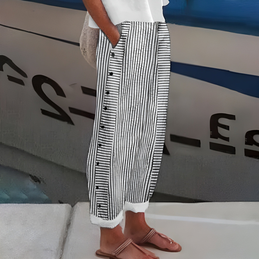 Striped Trousers with Button Detail and Side Pockets