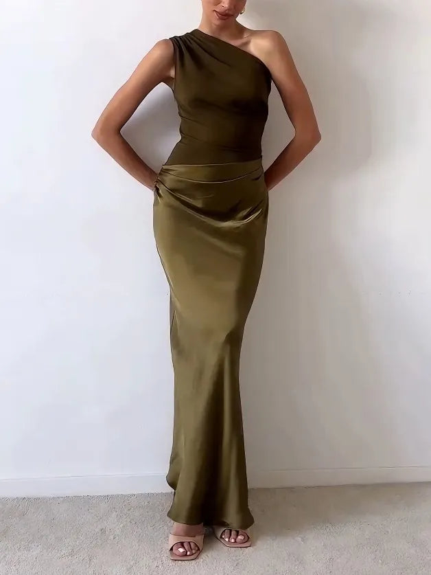 Bess | Elegant One Shoulder Neck Pleated Party Maxi Dress