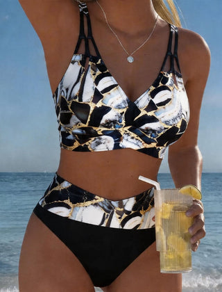 Norma | Marble Print Two-Piece Swimsuit - Black