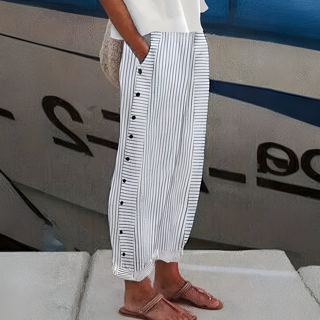 Striped Trousers with Button Detail and Side Pockets