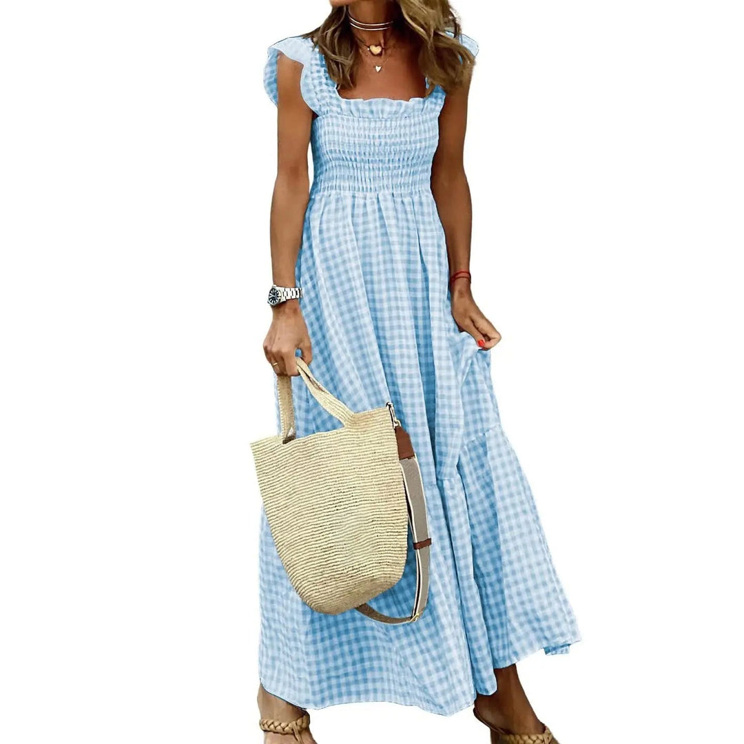 Joyce | Retro Checked Smocked Midi Dress - Blue