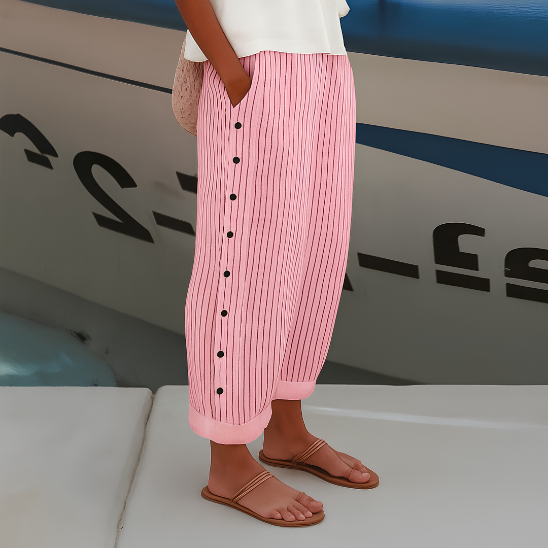Striped Trousers with Button Detail and Side Pockets