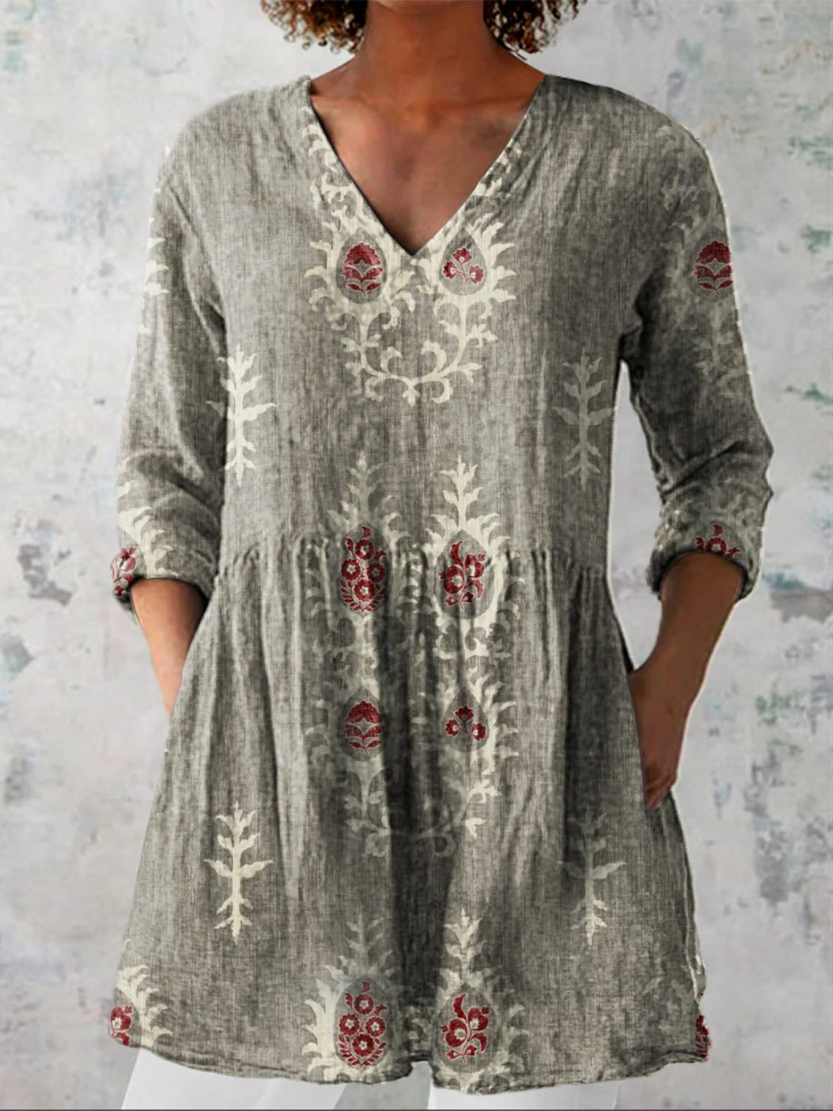 Gladys | Long V-Neck Blouse - Grey