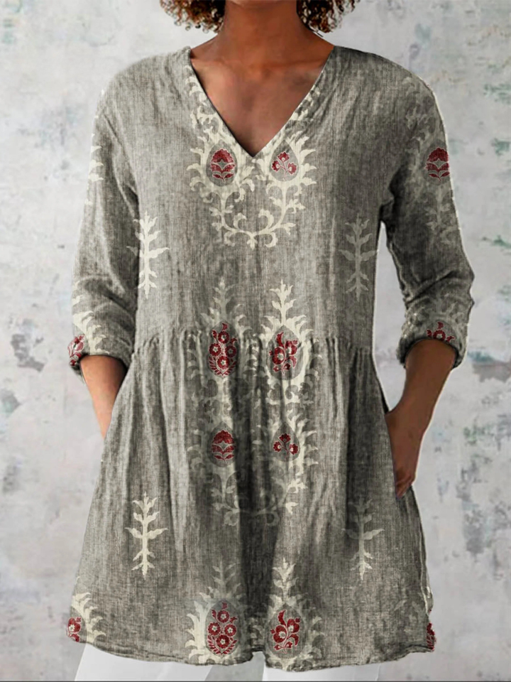 Gladys | Long V-Neck Blouse - Grey