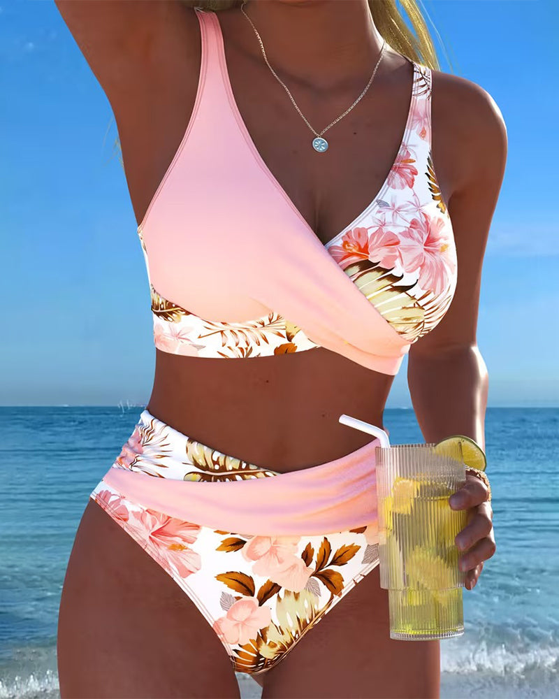 Cecily | Floral Contrast Bikini Set - Pink
