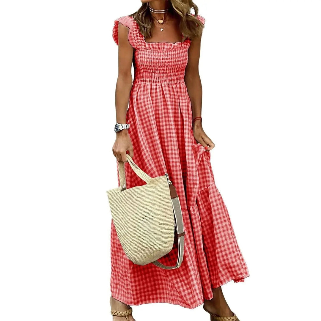 Joyce | Retro Checked Smocked Midi Dress - Red