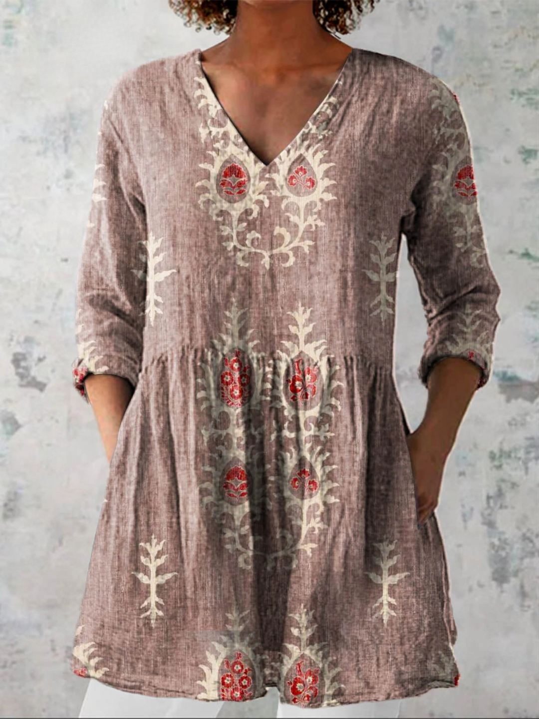 Gladys | Long V-Neck Blouse - Pink
