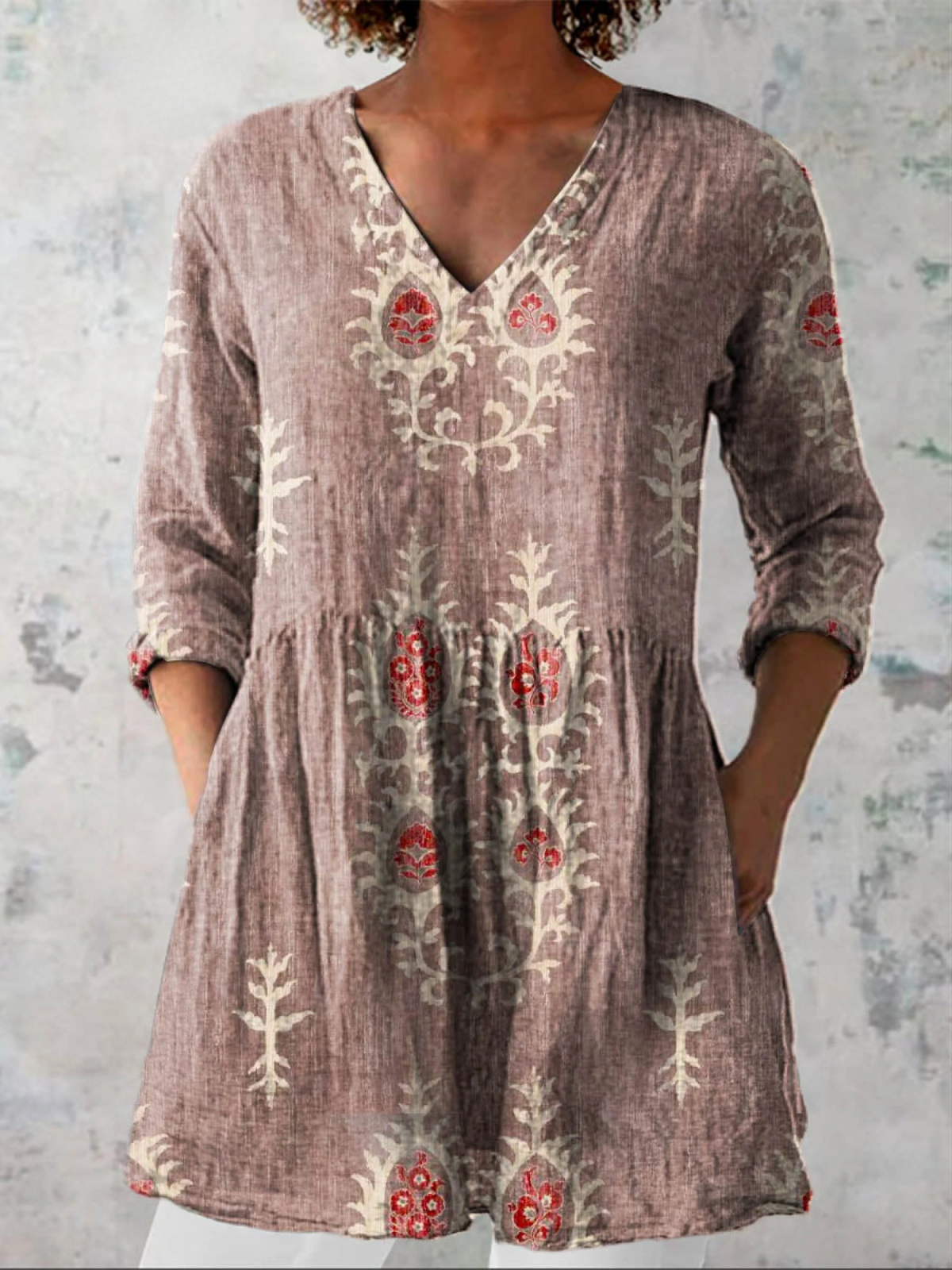Gladys | Long V-Neck Blouse - Pink