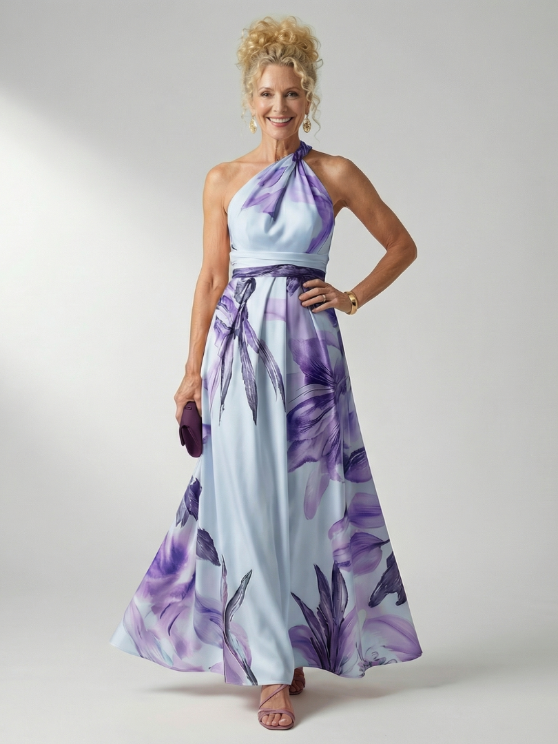 Marjorie | Halter Floral Maxi Dress - Purple