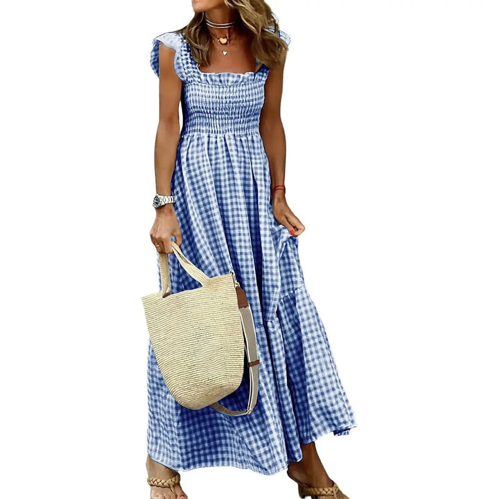 Joyce | Retro Checked Smocked Midi Dress - Navy Blue