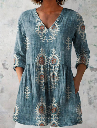 Gladys | Long V-Neck Blouse - Blue
