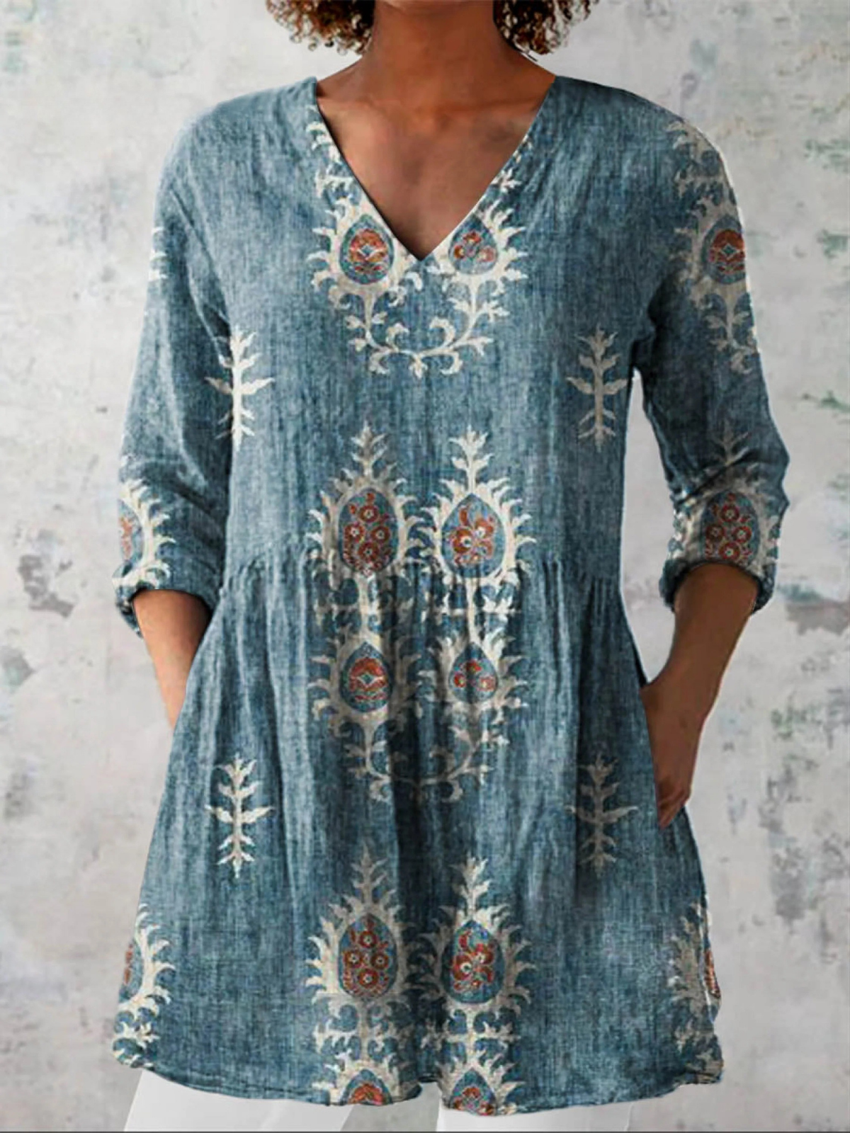 Gladys | Long V-Neck Blouse - Blue