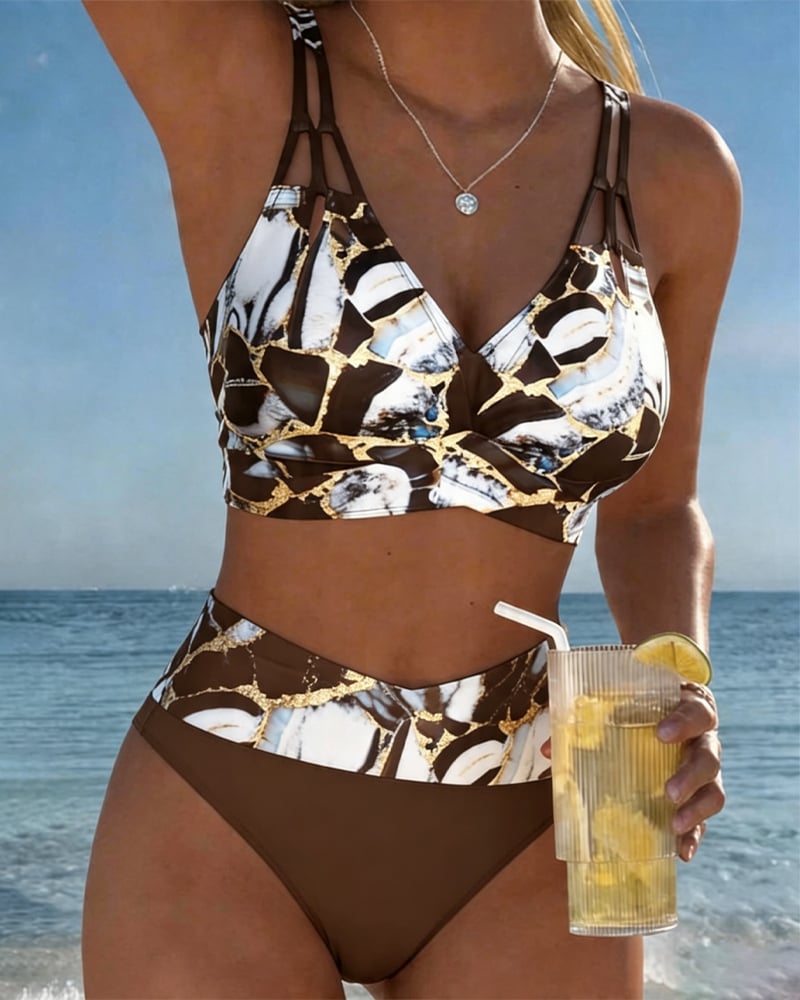 Norma | Marble Print Two-Piece Swimsuit - Brown