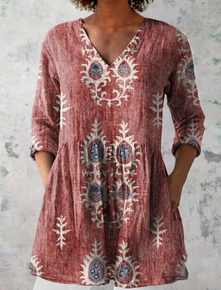 Gladys | Long V-Neck Blouse - Red