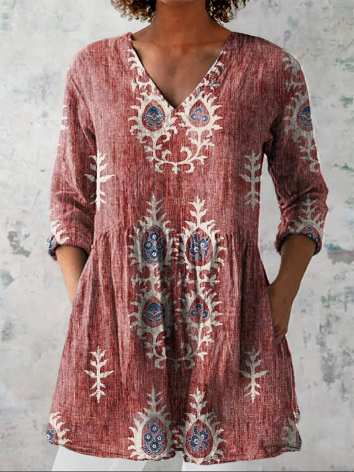 Gladys | Long V-Neck Blouse - Red