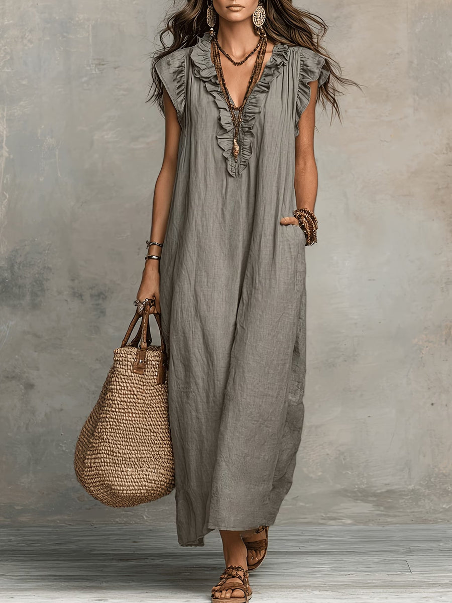 Maxi Dress with Ruffle V-Neckline and Pockets