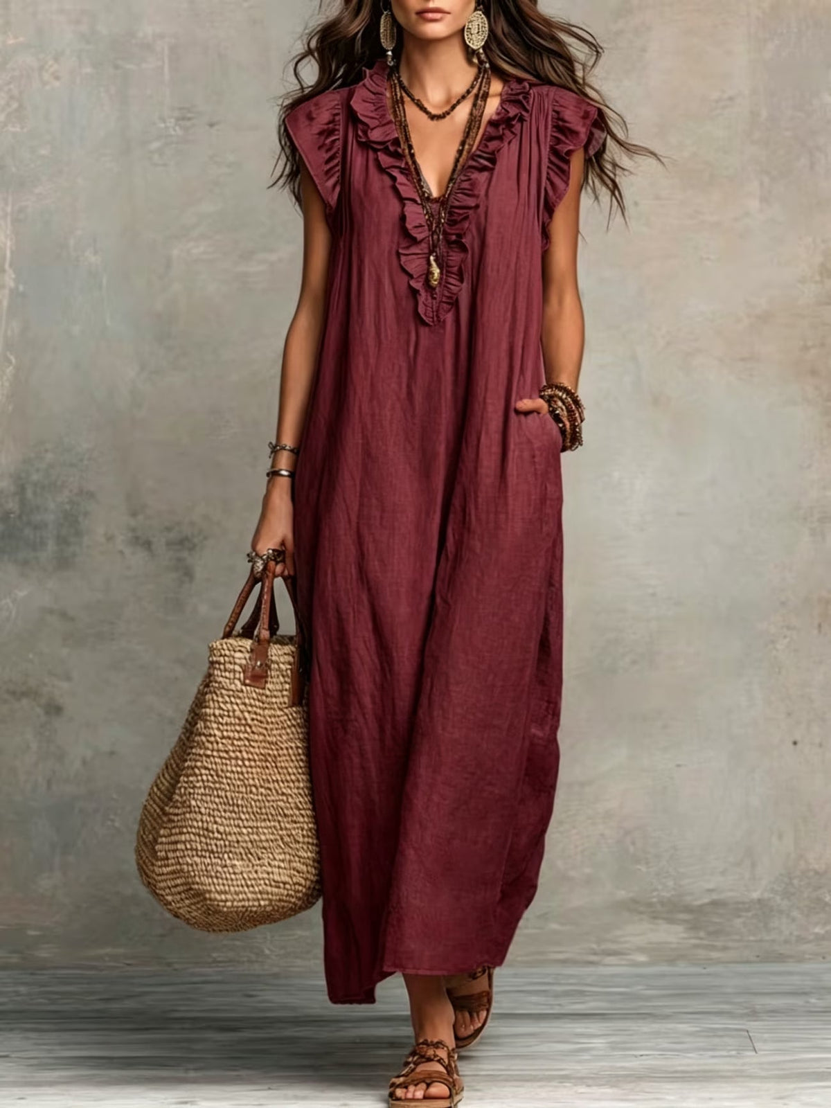Breezy Linen Maxi Dress with Ruffle V-Neckline and Pockets