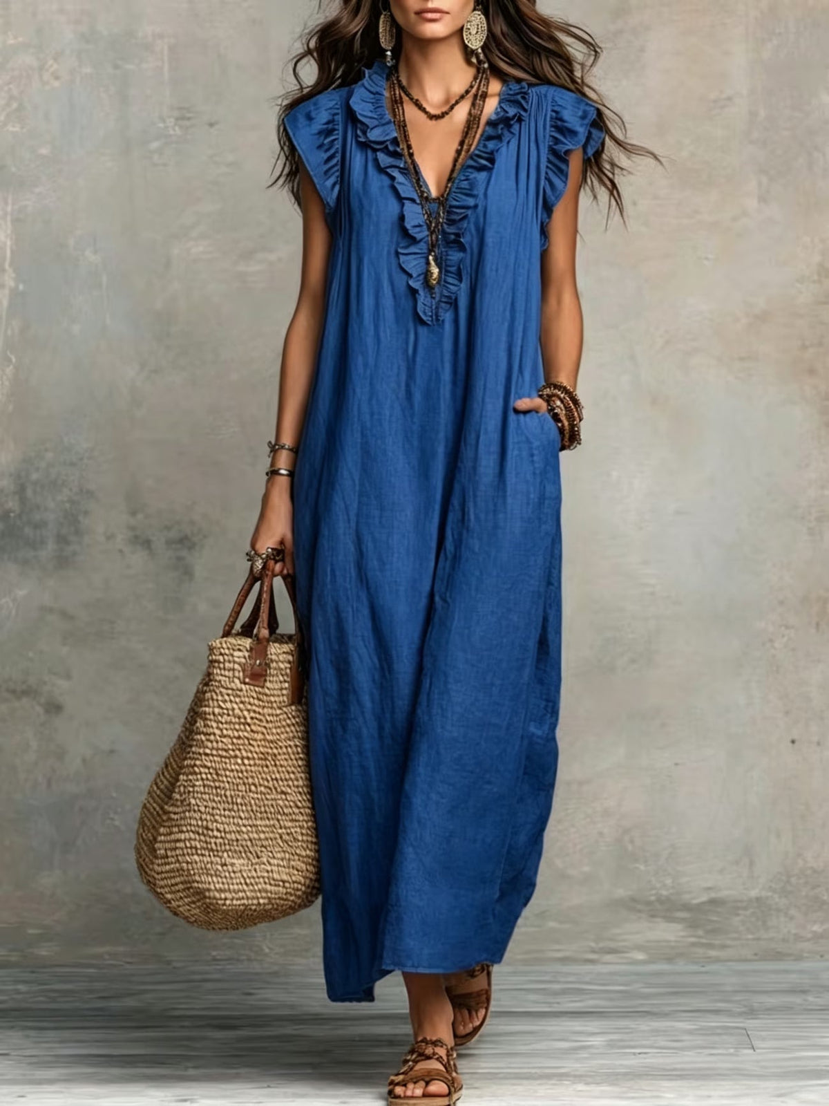 Breezy Linen Maxi Dress with Ruffle V-Neckline and Pockets