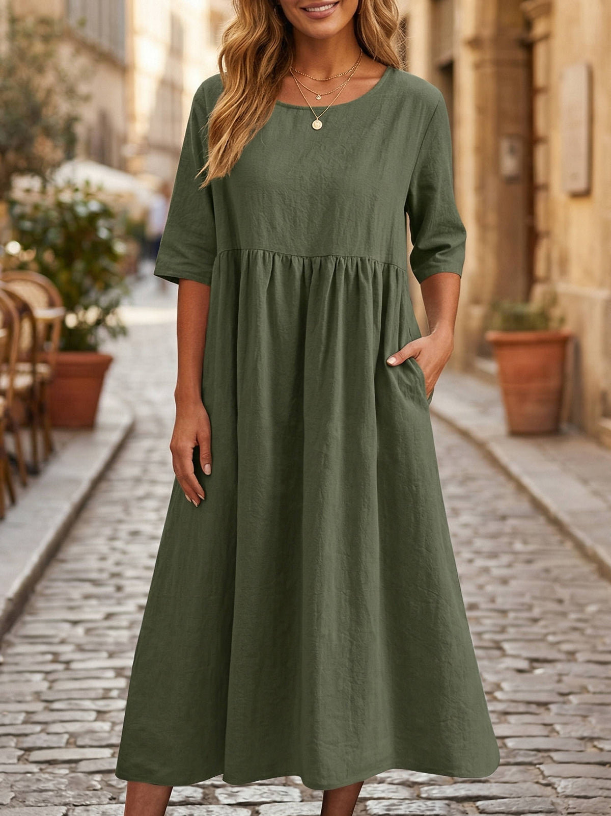 Casual Linen Midi Dress with Gathered Waist and Pockets