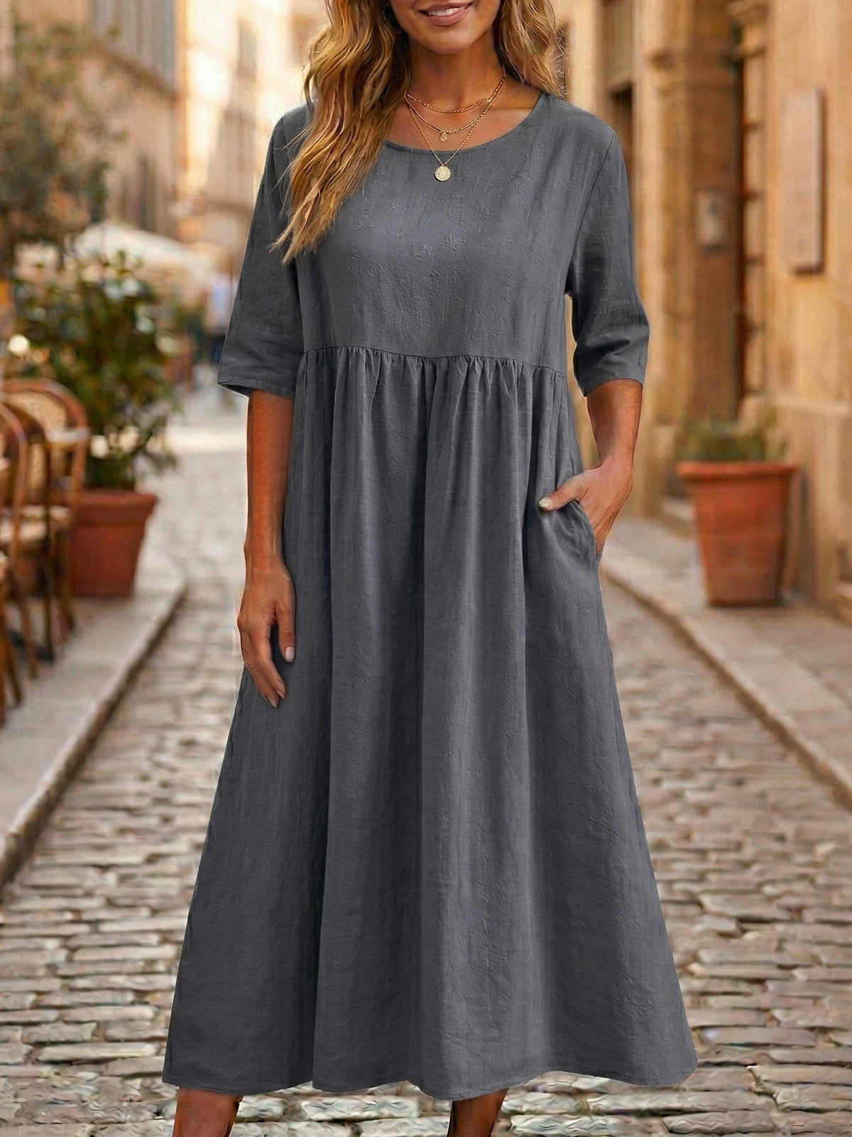 Casual Linen Midi Dress with Gathered Waist and Pockets