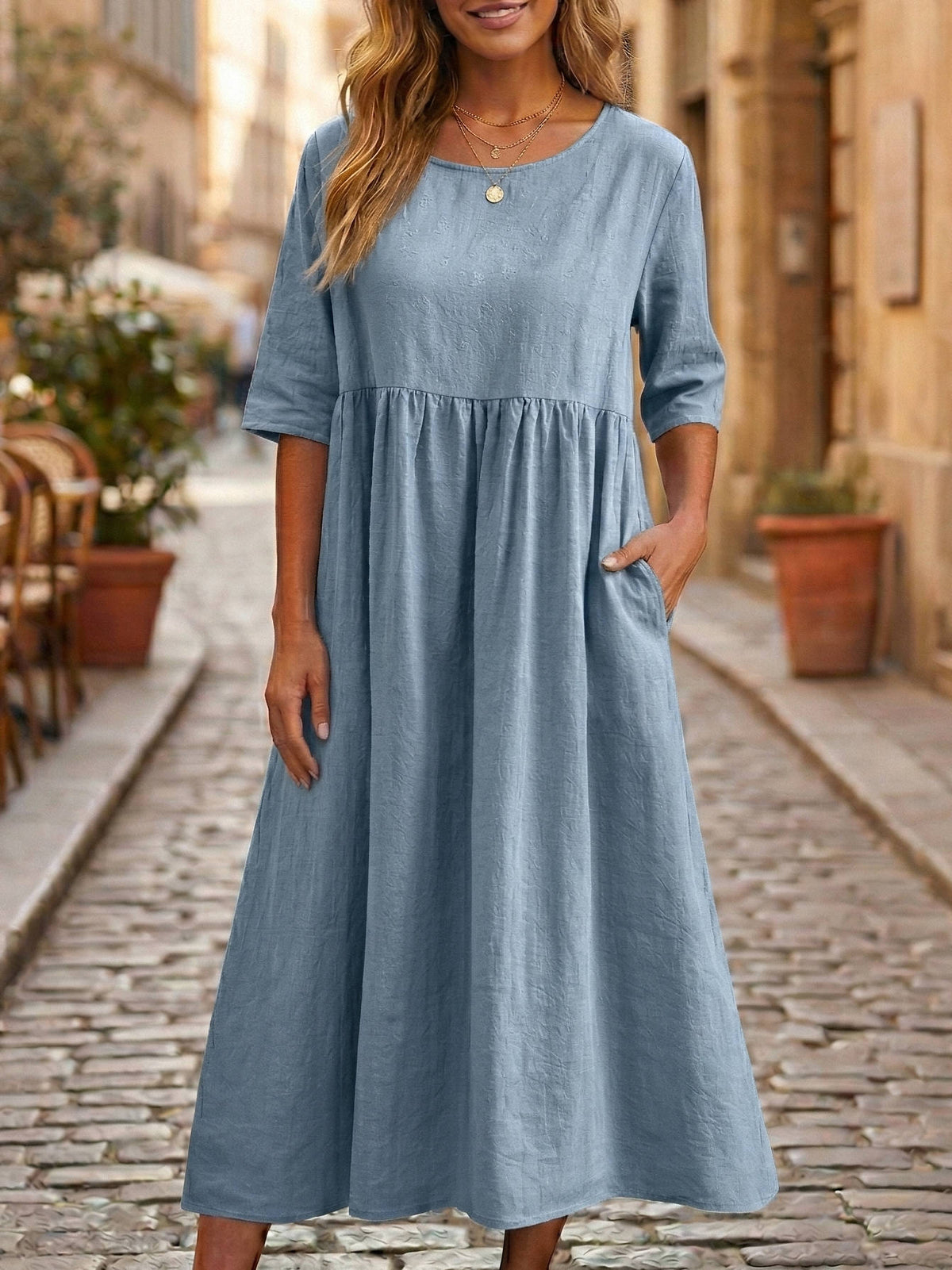 Casual Linen Midi Dress with Gathered Waist and Pockets