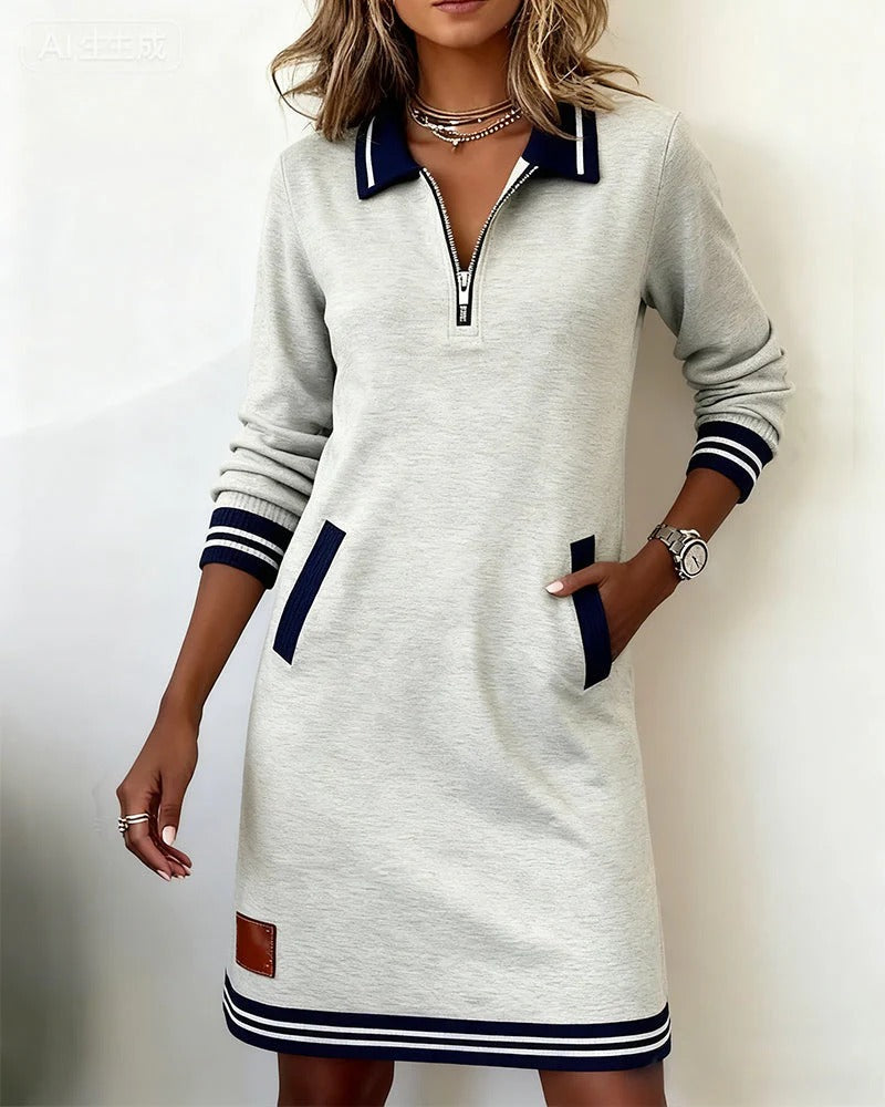 Casual Sweatshirt Mini Dress with Contrast Trim and Zip Collar