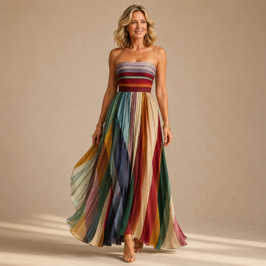 Clarice Strapless Colourful Pleated Summer Maxi Dress