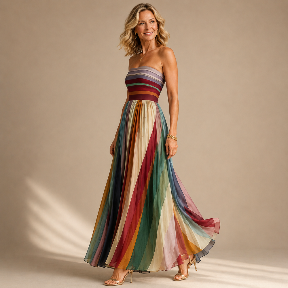Clarice Strapless Colourful Pleated Summer Maxi Dress