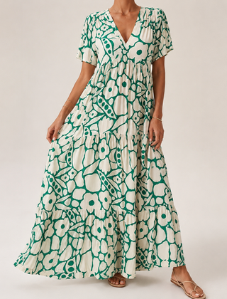 Beryl | Tiered Bohemian Floral Maxi Dress - Green