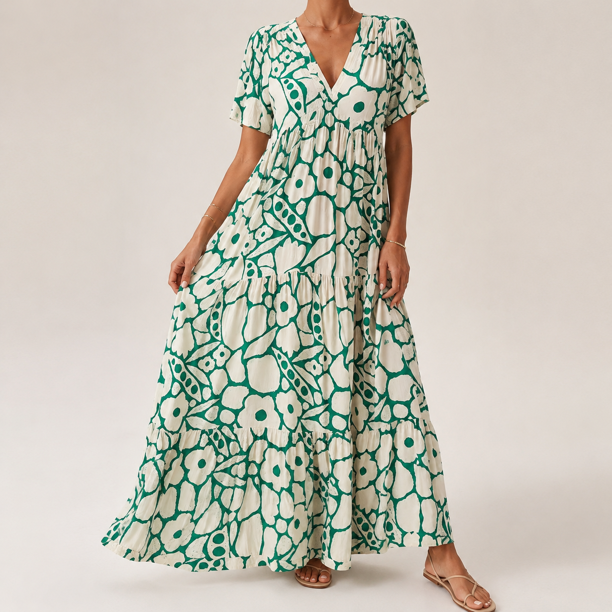 Beryl | Tiered Bohemian Floral Maxi Dress - Green