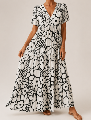 Beryl | Tiered Bohemian Floral Maxi Dress - Black