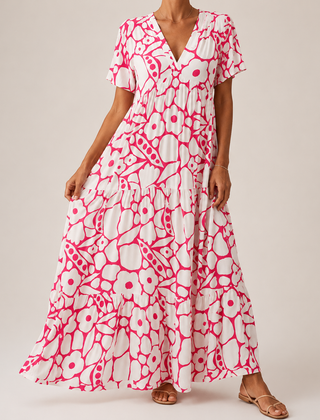 Beryl | Tiered Bohemian Floral Maxi Dress - Pink