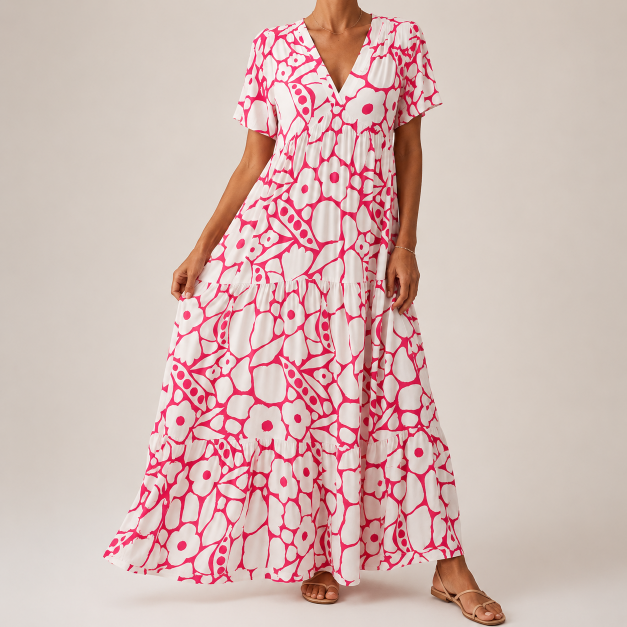 Beryl | Tiered Bohemian Floral Maxi Dress - Pink