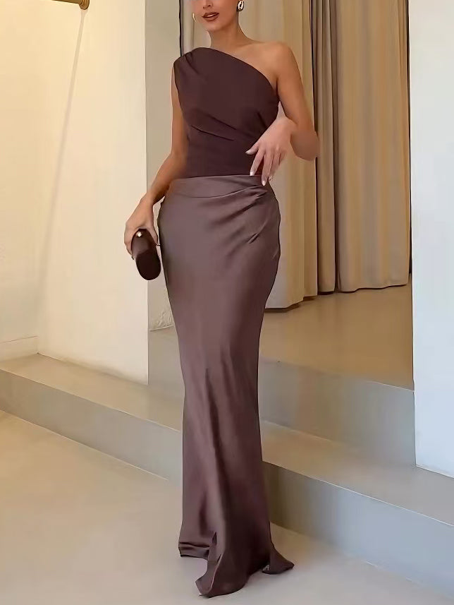 Bess | Elegant One Shoulder Neck Pleated Party Maxi Dress
